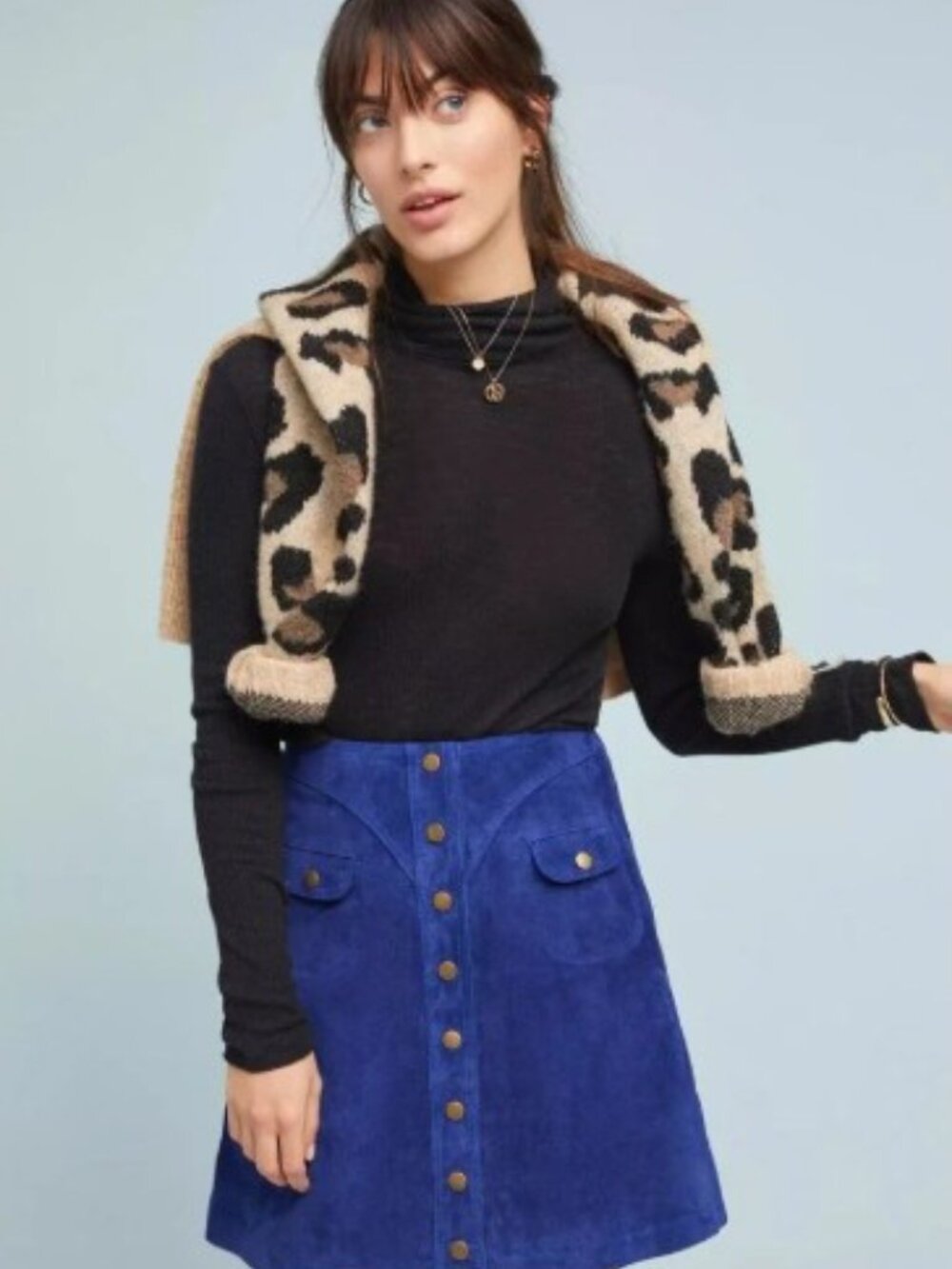 Anthropologie Blue Suede Leather Snap Front Mini Skirt